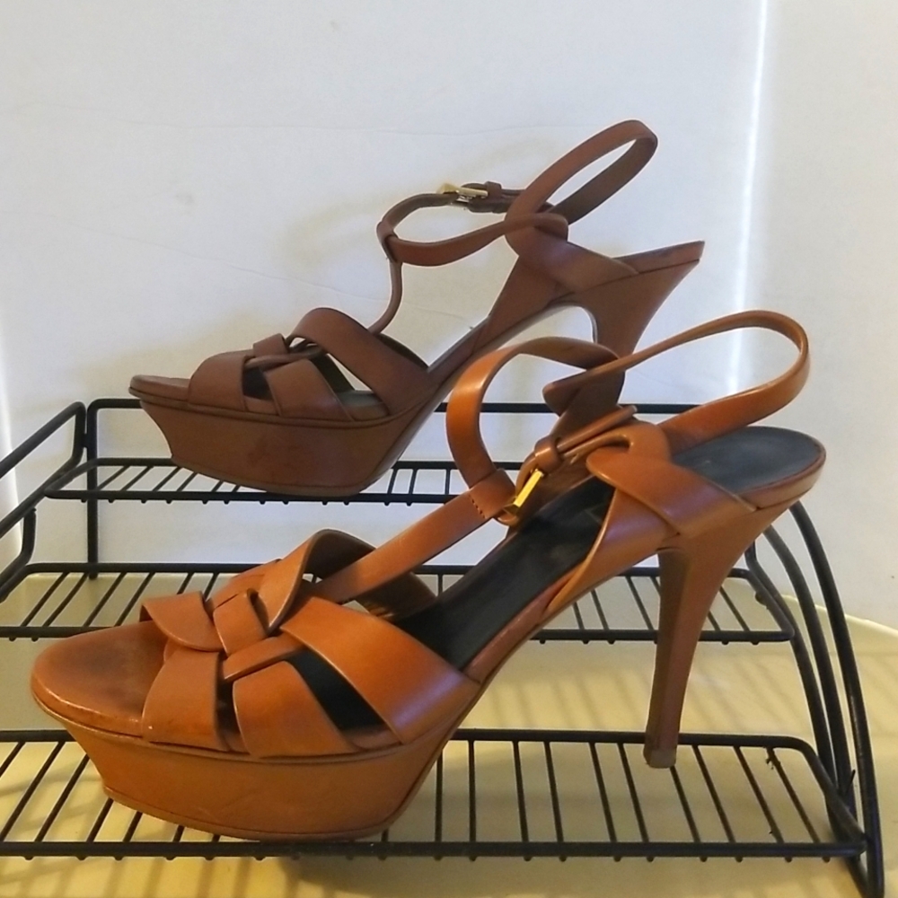 YSL Yves Saint Laurent Cognac Brown Tribute Leather Platform Heels Sandals 38.5